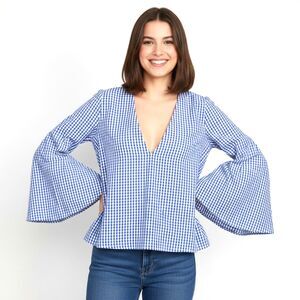 NWOT Zara Womens XS Fits S Blue Gingham Blouse Bell Sleeve Swing V Neck Cotton